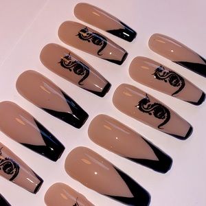 Handmade Nude/Black Dragon Press On Nails Long